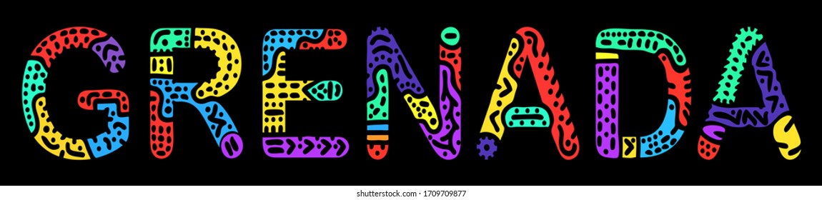 Grenada. Multicolored bright contrast isolate inscription. Colored curves doodle letters on black. Grenada for print, clothing, t-shirt, souvenir, booklet, banner, flyer, card. Stock vector picture.