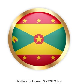 Grenada national flag button with golden frame. Grenada round badge icon. Vector illustration