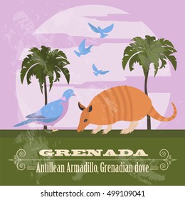 Grenada national symbols. Antillean Armadillo, Grenadian pigeon, dove. Retro styled image. Vector illustration