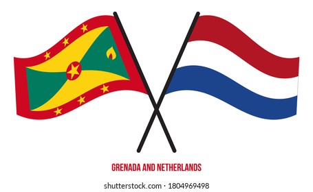 Grenada und die Niederlande Flaggen überquert und schwingen Flat Style. Offizieller Anteil. Korrigieren Sie Farben.