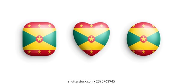Grenada Official National Flag 3D Vector Glossy Icons In Rounded Square, Heart And Circle Shapes Isolated On White Background. Sign And Symbols Graphic Design Elements Volumetric Buttons Collection