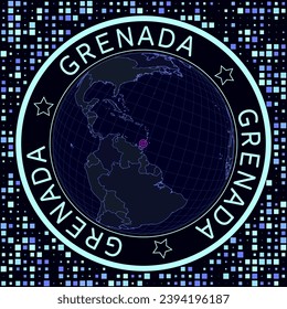 Grenada on globe vector. Futuristic satelite view of the world centered to Grenada. Geographical illustration with shape of country and squares background. Bright neon colors on dark background.