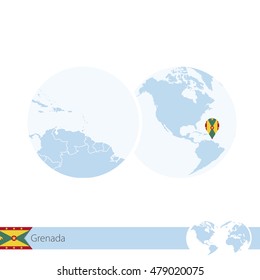 Grenada on world globe with flag and regional map of Grenada. Vector Illustration.