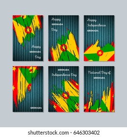Grenada Patriotic Cards for National Day. Expressive Brush Stroke in National Flag Colors on dark striped background. Grenada Patriotic Vector Greeting Card.