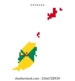 Grenada pixel flag map icon. 8 bit pixel art Grenadian map covered with flag. Flat vector illustration isolated on white background.