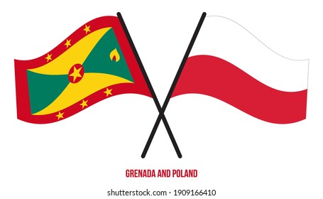 Grenada and Poland Flags Crossed And Waving Flat Style. Official Proportion. Correct Colors.