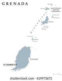 Grenada political map with capital St George's. Caribbean islands country and part of the Lesser Antilles and Windward Islands. Gray illustration isolated on white background. English labeling. Vector