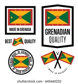 Grenada quality isolated label set for goods. Exporting stamp with grenadian flag, nation manufacturer certificate element, country product vector emblem. Made in Grenada badge collection.
