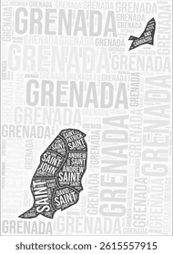 Grenada regions map word cloud. Grenada region names. Black and white map design. Trending vector illustration.