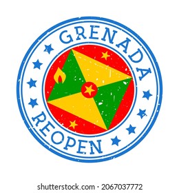 Grenada Reopening Stamp. Round badge of country with flag of Grenada. Reopening after lock-down sign. Vector illustration.
