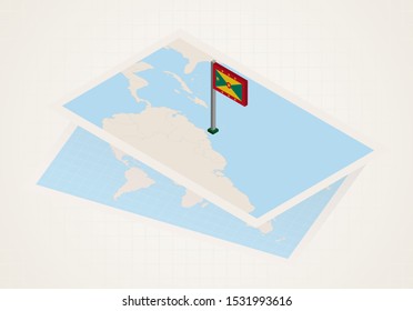 Grenada selected on map with isometric flag of Grenada. Vector paper map.