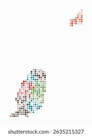 Granada, la forma del país se construye de células de color. Mapa de estilo digital de la Granada sobre fondo blanco. Bloques circulares de tamaño Pequeño. Ilustración vectorial de tendencia.