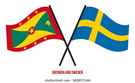 Grenada and Sweden Flags Crossed And Waving Flat Style. Official Proportion. Correct Colors.