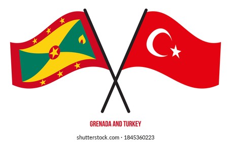 Grenada and Turkey Flags Crossed And Waving Flat Style. Official Proportion. Correct Colors.