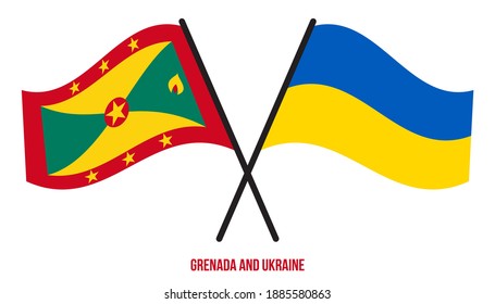 Grenada und die Ukraine Flaggen überquert und schwingen Flat Stil. Offizieller Anteil. Korrigieren Sie Farben.