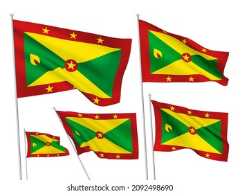 Grenada vector flags set. 5 different wavy fabric 3D flags fluttering on the wind. EPS 8 created using gradient meshes isolated on white background. Five design elements from world collection