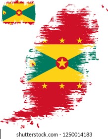Grenada vector grunge brush stroke with  national flag and contour map. 