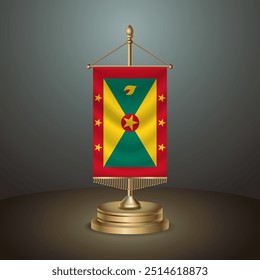 Grenada Vertical table flag with golden pole on dark gradient background, Template banner vector Illustration