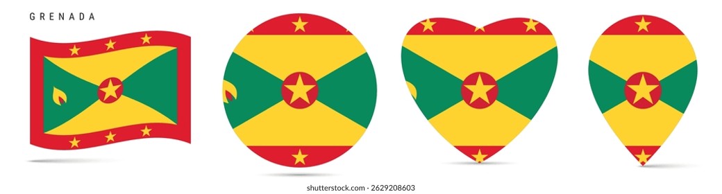 Grenada waving flag, round circle sticker badge, heart shaped icon, map pin. Grenadian flag buttons of different shapes. Vector illustration isolated on white.