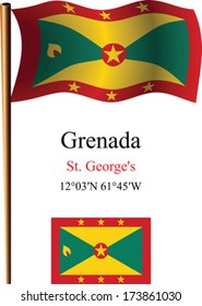 grenada wavy flag and coordinates against white background, vector art illustration, image contains transparency