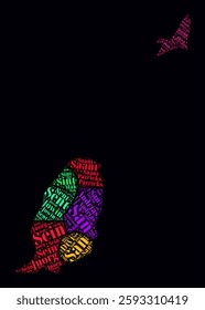 Grenada Word Cloud. Region names of the country in English language. Bright neon style design on dark background. Grenada shape with administrative division. Modern vector illustration.