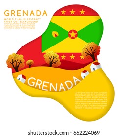 Grenada : World Flag in paper cut shapes with trees and mountains in the layers : Vector Illustration