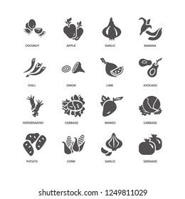 Grenade, Avocado, Lime, Potato, Cabbage, Coconut, Chili, Horseradish, Garlic, Corn, Garlic icon 16 set EPS 10 vector format. Icons optimized for both large and small resolutions.