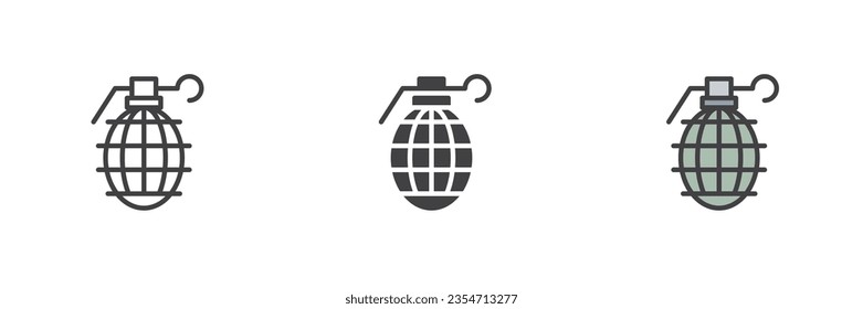 Juego de iconos de estilos diferentes para la bomba de granadas. Línea, glifo y contorno relleno versión colorida, contorno y signo vectorial relleno. Símbolo, ilustración del logotipo. Gráficos vectoriales