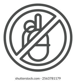 Grenade bomb forbidden line icon, stop war concept. Vector graphics. Military offensive explosives prohibited sign on white background, outline style icon for mobile or web design