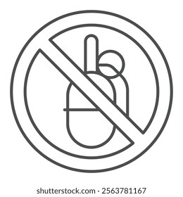 Grenade bomb forbidden thin line icon, stop war concept. Vector graphics. Military offensive explosives prohibited sign on white background, outline style icon for mobile or web design