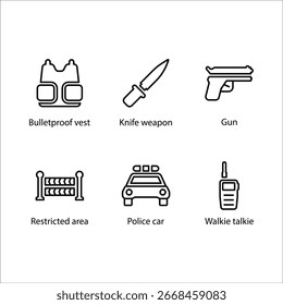 Grenade bomb, Jail, Wanted poster, Footprint searching, Ammo, Legal justice, icon, Line icon Set