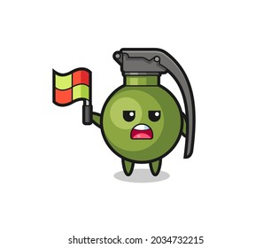 grenade character as line judge putting the flag up , cute style design for t shirt, sticker, logo element