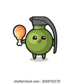 grenade cute mascot is eating a fried chicken , cute style design for t shirt, sticker, logo element
