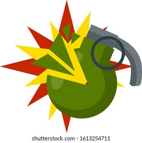 Grenade explosion. Green bomb. Weapons and bombshell. Detonation and impact. Red and yellow flash. Soldier's equipment and ammunition. Element of modern warfare. Cartoon flat illustration