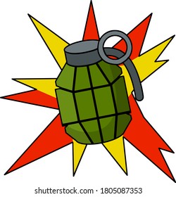 Grenade explosion. Vector Green bomb. Weapons and bombshell. Red flash. Soldier's equipment and ammunition. Element of modern warfare. Cartoon flat illustration. Detonation and impact
