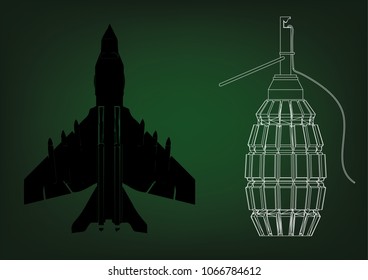 Grenade and fighter on a green background. 3d model. Drawing
