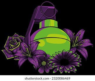Granada y flor sobre ilustración vectorial de fondo negro