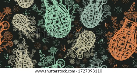 Grenade and flowers. Seamless pattern. Packing old paper, scrapbooking style. Vintage background. Medieval manuscript, engraving art. Symbol of weapon, war and peace 