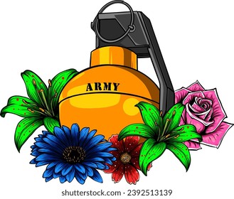 Granate und Blumen. Stoppt das T-Shirt-Design des Terrors. Symbol für Waffen, Kriegs- und Friedenskunstposter