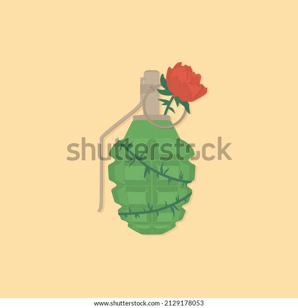 Grenade and flowers\
vector illustration. Stop war and terror. Symbol of weapon, war and\
peace art poster.