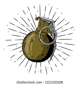 Grenade. Hand drawn vector illustration with a grenade and divergent rays. Used for poster, banner, web, t-shirt print, bag print, badges, flyer, logo design and more.