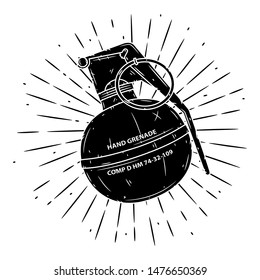 Grenade. Hand drawn vector illustration with a grenade and divergent rays. Used for poster, banner, web, t-shirt print, bag print, badges, flyer, logo design and more.
