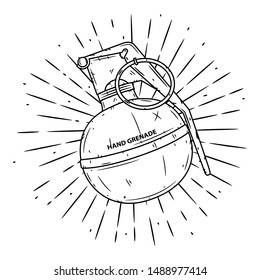 Grenade. Hand drawn vector illustration with a grenade and divergent rays. Used for poster, banner, web, t-shirt print, bag print, badges, flyer, logo design and more.