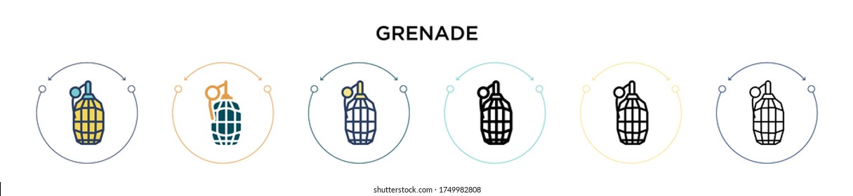 Grenade icon in filled, thin line, outline and stroke style. Vector illustration of two colored and black grenade vector icons designs can be used for mobile, ui, web