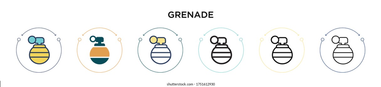 Icono de granada en estilo relleno, delgado, contorno y trazo. Ilustración vectorial de dos diseños de vectores de granadas de color y negro se pueden utilizar para móviles, ui, web