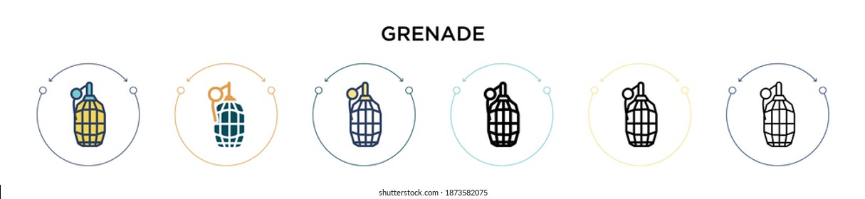 Granatsymbol in voller, dünner Linie, Umriss- und Strichform. Vektorgrafik von zwei farbigen und schwarzen grenadenen Vektorgrafik-Designs kann für mobile, iPhone-, web-basierte