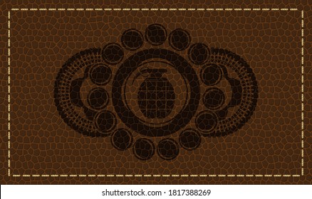 grenade icon inside brown leather badge. Wallet chic background. Intense illustration. 