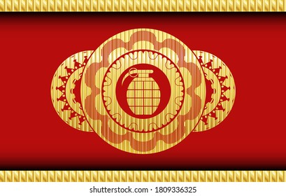 grenade icon inside Gold and Red color realistic badge. Traditional handsome background. Artistic illustration. 