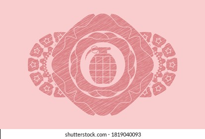 grenade icon inside Pink stroke realistic emblem. Rose color handsome background. Artistic illustration. 