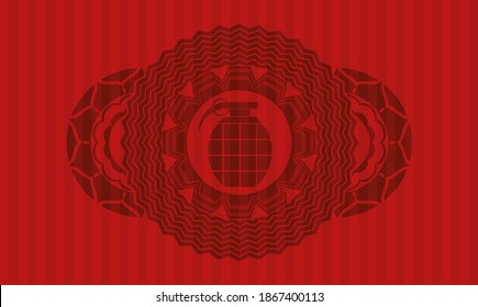icono de granada dentro de una insignia realista de color rojo. Bares de delicado fondo. Ilustración artística. 